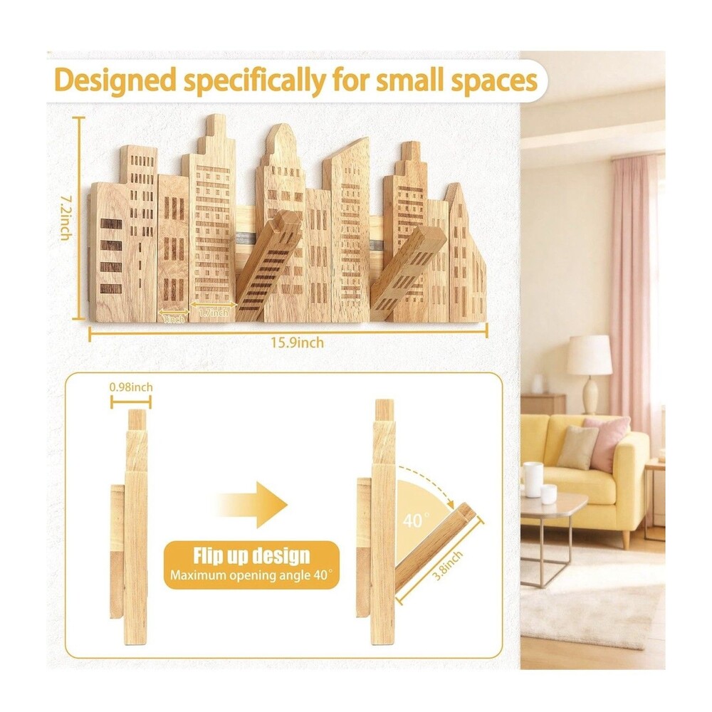 Coat Rack for Small Entryway: Wooden Modern Folding 5 Hooks 16Inch Wall Mounted